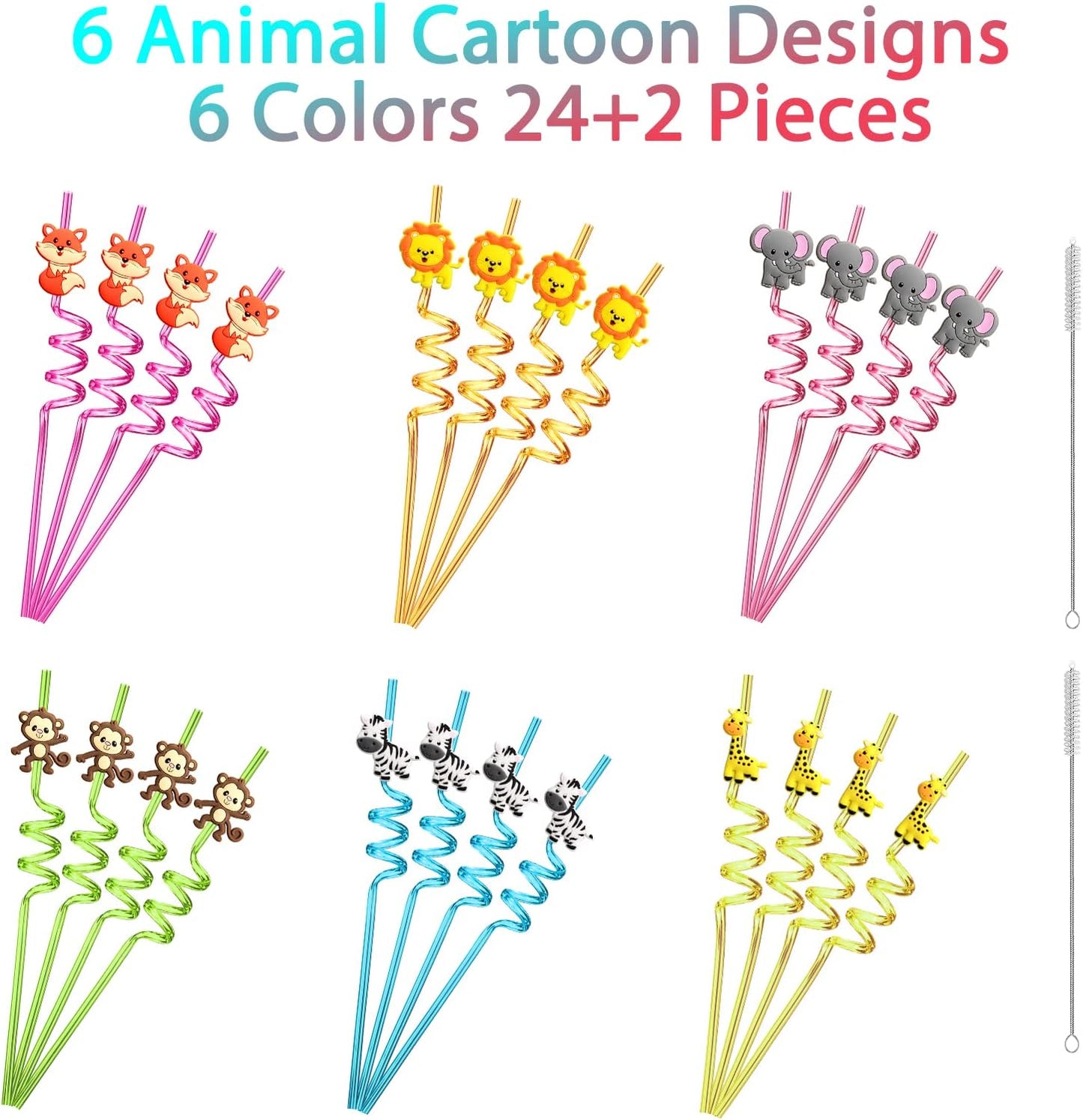 24 Reusable Jungle Animal Plastic Straws for Lion Fox Zebra Giraffe Safari Birthday Party Supplies Favors,Woodland Party Gift Favors with 2 Cleaning Brushes