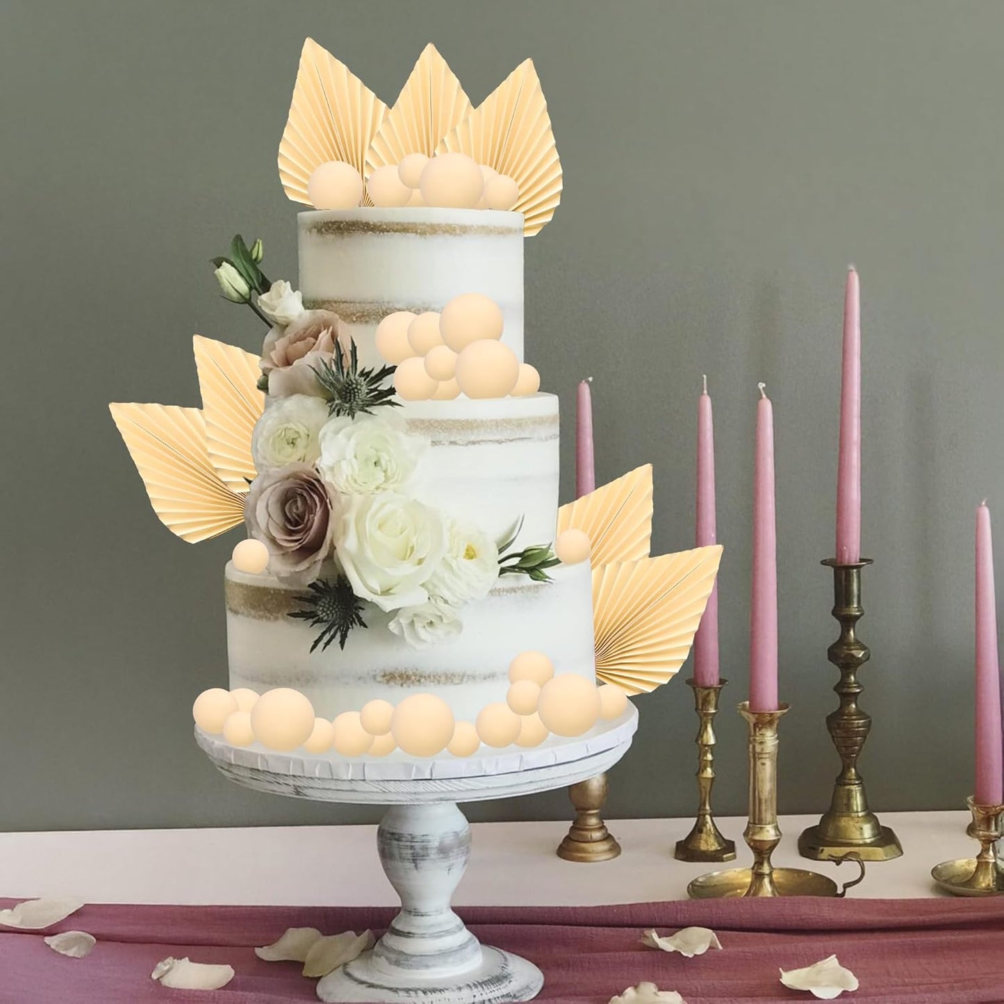 Ephlyn 28Pcs Paper Palm Fan Cake Topper Balls Cake Pick for Baby Shower Wedding Bridal Shower Birthday Party DIY Party Cake Decorations Supplies Beige