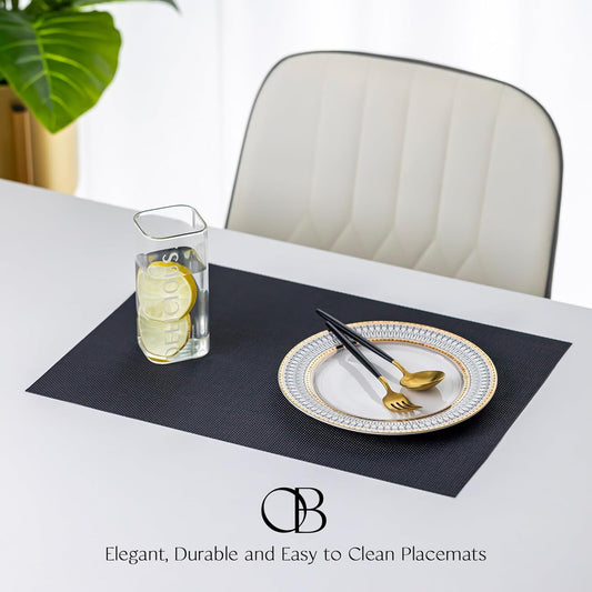 Placemats Set of 12 - Easy Clean Woven Vinyl Placemats for Dining Table, Indoor/Outdoor Place Mats, Washable PVC Table Mats(Black)