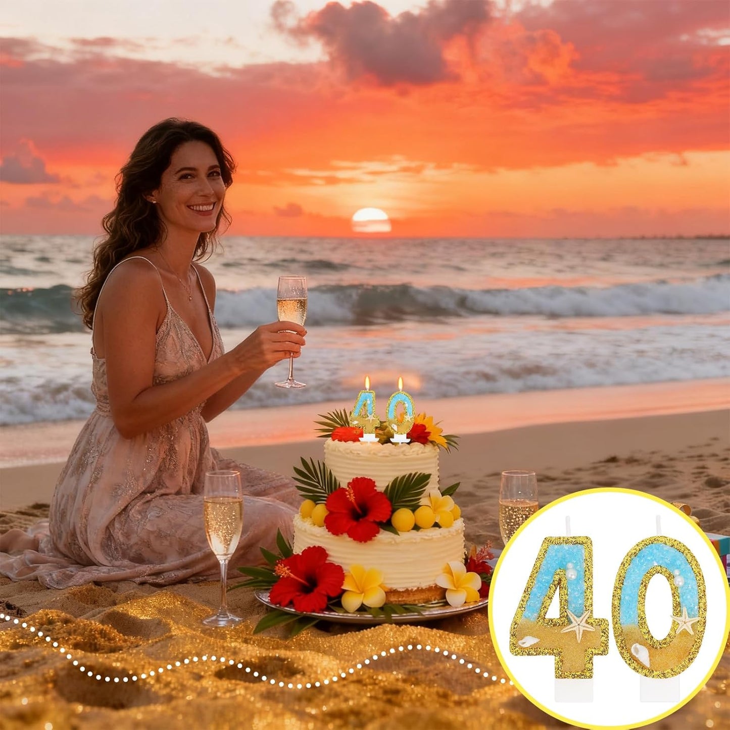 Ocean Number 40 Candle, Glitter Gold Beach Starfish Cake Topper, Tropical Ocean Princess Birthday Decorations for Party Supplies Wedding Anniversaries
