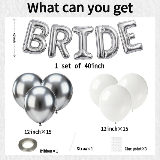 40Inch BRIDE Balloons Silver-Metallic Silver Pearl White Balloons with Large Silver BRIDE Foil Banner Letter Sign for Wedding Bridal Shower Engagement Bachelorette Party Decorations
