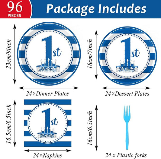 96Pcs Baby First Birthday Party Supplies Boy 1st Birthday Paper Plates Napkins Nautical Blue One Party Decorations Baby Show One Year Old Dinnerware Favor Tableware Serves 24