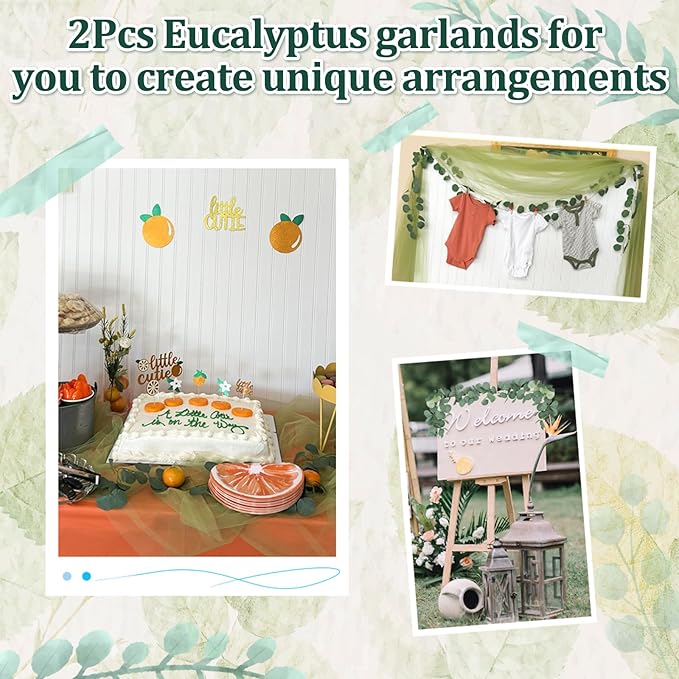 2Pack Artificial Eucalyptus Garlands, 5.9FT Faux Eucalyptus Vines Green Leaf Garland, Hanging Greenery Garland for Table Wedding Fireplace Mantel Decor (Leaf)