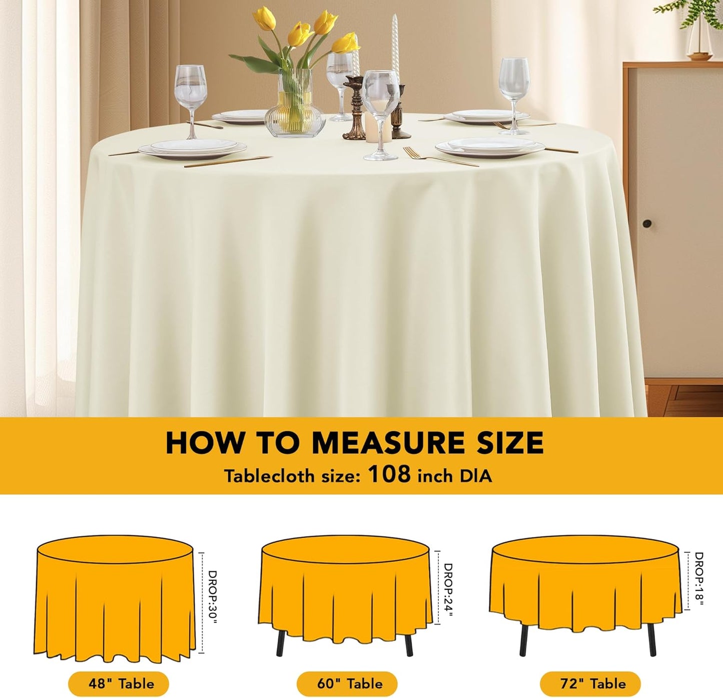 10-Pack Ivory Round Tablecloths, 108 Inches, Stain-Resistant Polyester for 4-5 Ft Round Tables - Washable Table Covers for Weddings, Banquets, Birthday Parties, Events