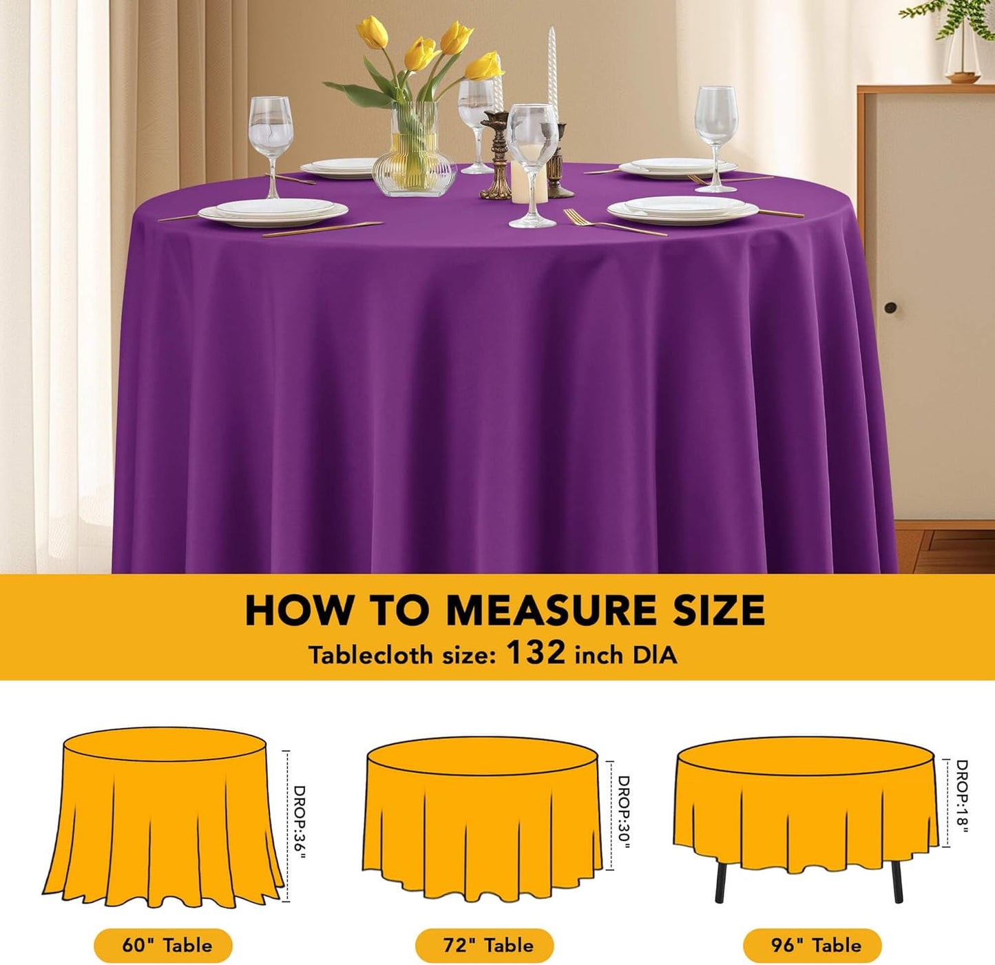 6-Pack Purple Round Tablecloths, 132 Inches, Stain-Resistant Polyester for 6-8 Ft Round Tables - Washable Table Covers for Weddings, Banquets, Birthday Parties, Events