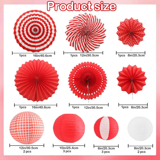 16 Pcs Picnic Party Decorations, Red and White Paper Lanterns & Hanging Paper Fans, Red Gingham Party Supplies for Picnic Carnival I Do BBQ Pizza Hot Dog,Italian Party Decor