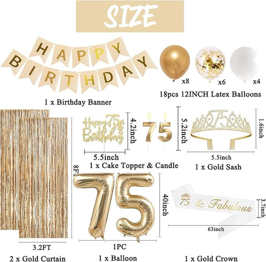 Trgowaul 75th Birthday Decorations for Women, Banner, Sash and Crown, Cake Topper, 75 Number Balloon, Fringe Curtains, Champagne Gold 75th Birthday Party Supplies