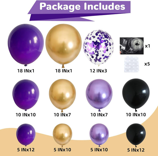 Purple Black and Gold Balloon Arch Kit Dark Purple and Gold Metallic Black Confetti Party Latex Balloons Garland for Women Wednesday Birthday Baby Shower Wedding Engagement Party Decorations