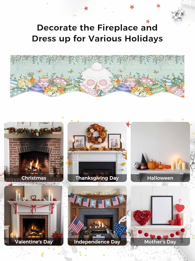 Cute Easter Bunny Fireplace Mantel Scarf Table Runner, Eucalyptus Leaves Colorful Eggs Teal Wooden Winter Garland Mantel Top Tablerunners Dresser Scarves Cover for Windows Party Living Room 70''x17''