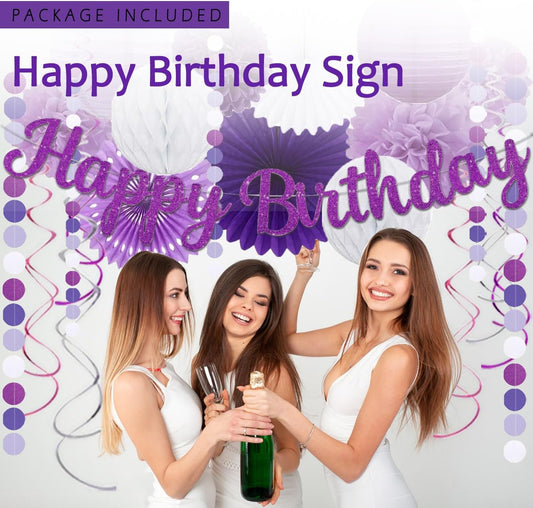 Purple Birthday Decorations for Women Girls,Happy Banner,Lilac Paper Lanterns Tissue Pom Poms Flower Fan,Purple White Balloon Décor For 40th 50th Anniversary Princess Backdrop Party Supplies