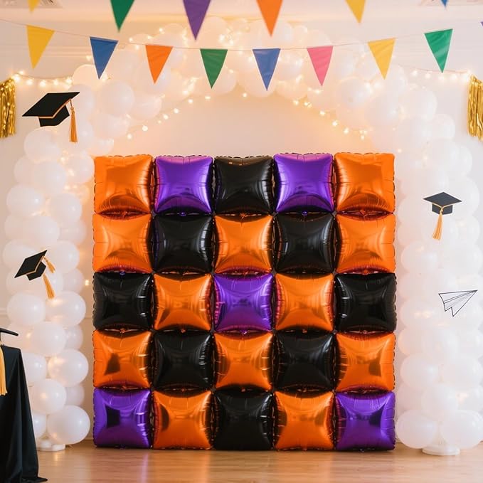 NISOCY 25PCS Orange Purple Black Square Foil Balloons Wall Backdrop Metallic Double Sided Orange Purple Black Balloons Tunnel Arch Kit for Halloween Birthday Graduation New Year Party Decorations