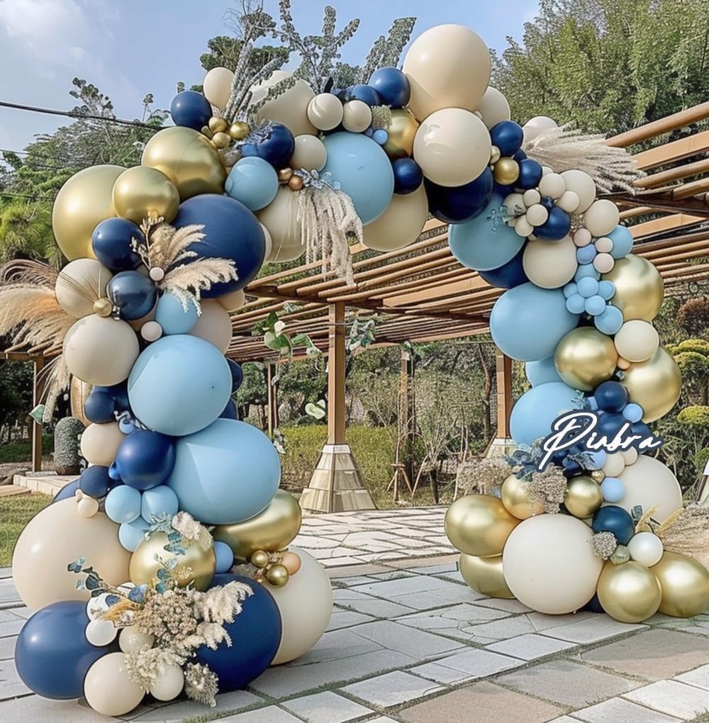Navy Blue Balloon Garland Double Stuffed Dusty Blue Gold White Sand Balloons Beige Cream Metallic Latex Arch Kit for Neutral Baby Shower Gender Reveal Birthday Wedding Graduation Party Decorations