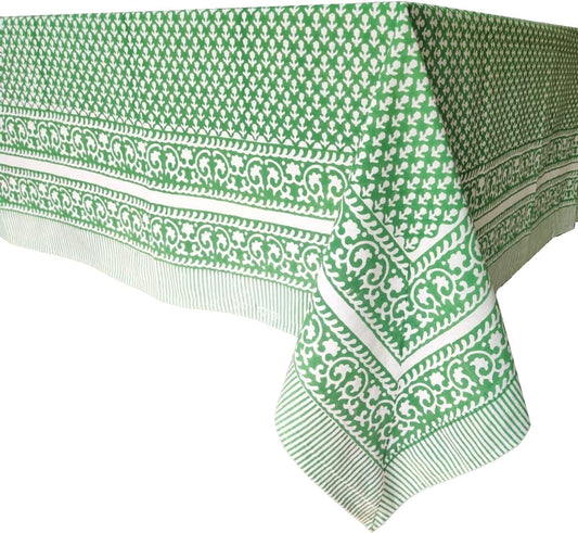 ATOSII Queen Green 100% Cotton Rectangle Tablecloth, Handblock Print Floral Table Cloth for Kitchen Dining Linen I Weddings Outdoors Picnics Spring Summer I 72 X 140 Inches I 12 Seater