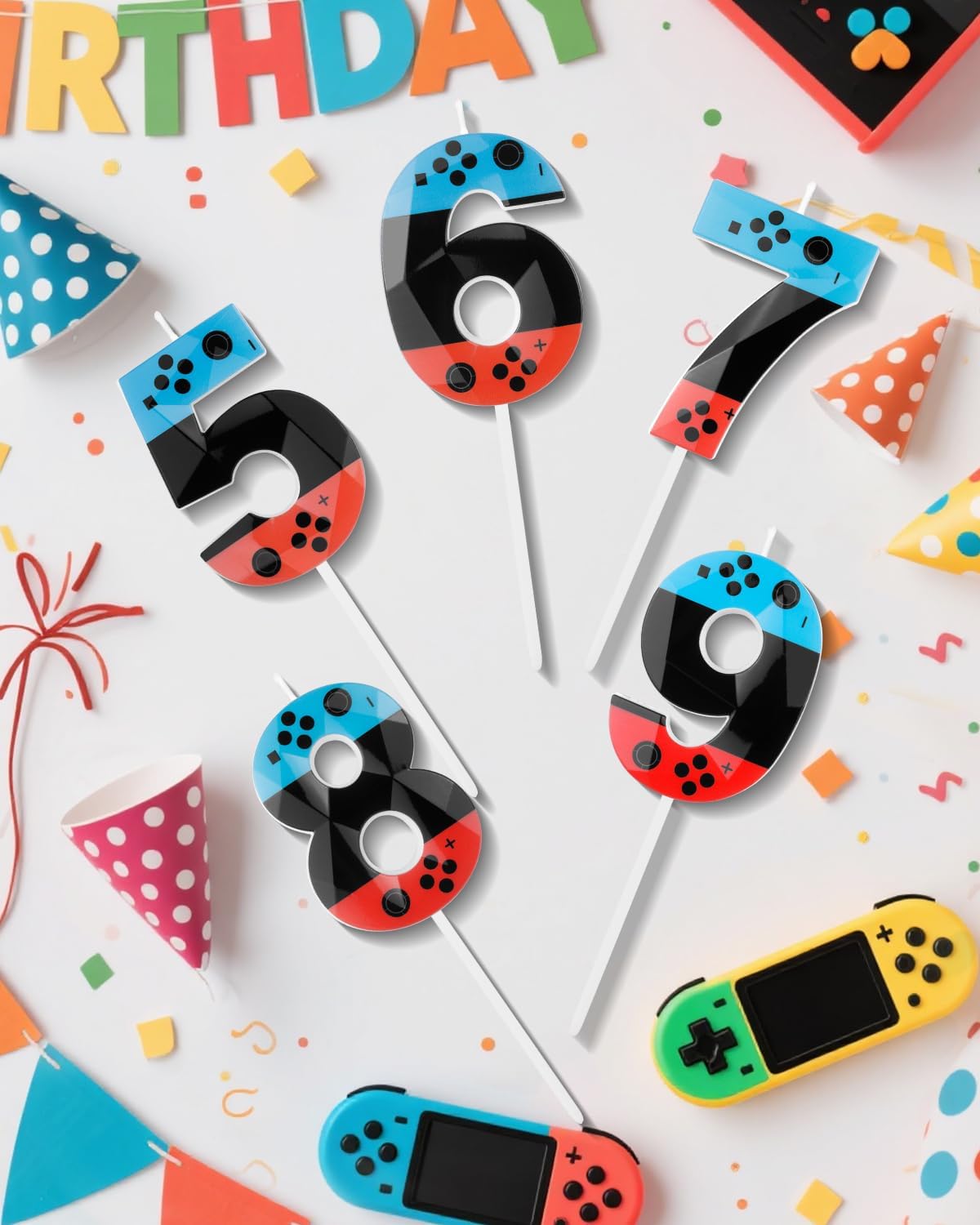 Number 6 Level Birthday Candles, 2.68 inch Gamer Candles, Red Blue Birthday Candles, Game Controller Gamepad Candles,Video Game Controller Themed Kids Boy Bday Party Supplies