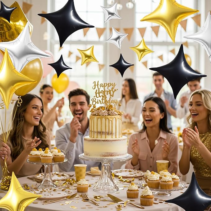 TONIFUL 30Pcs 26In&10In Star Balloons Gold Silver Black Four Pointed Foil Mini Star Mylar Balloons for Birthday Wedding Baby Shower Anniversary Engagement Party Decor Supplies