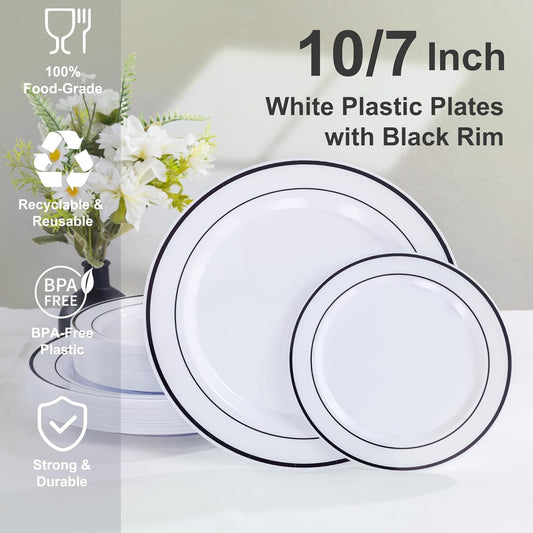 U-QE 100pcs Black Plastic Plates for Party - Black Plates Disposable Heavy Duty - Include 50 10" Dinner and 50 7" Dessert Plate, Fancy Plastic Plates for Wedding, Party, Birthday