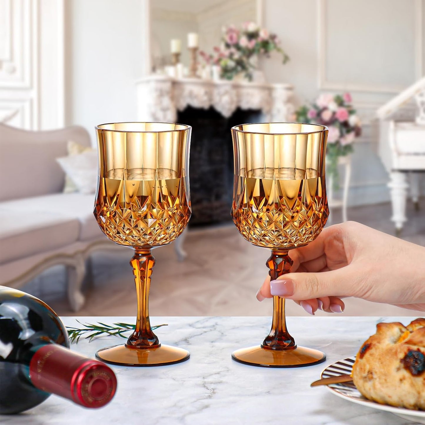 XUWAIDSGN 7oz Plastic Vintage Wine Glasses Drinking Glasses Unbreakable Wedding Glassware Crystal Water Goblets Reusable Drinkware Vintage Champagne Flutes (48, Brown)