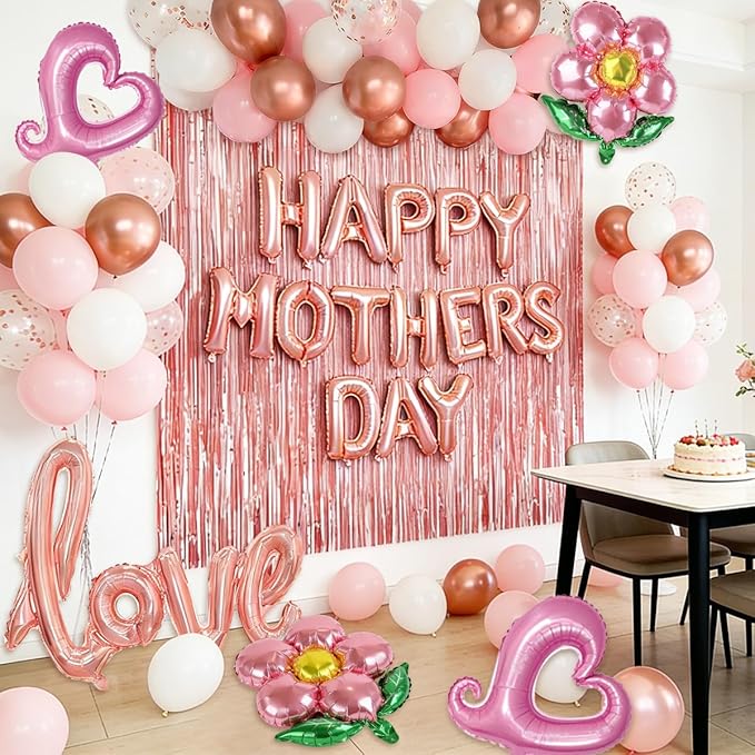 Mothers Day Decorations, Pink Rose Gold Happy Mother's Day Balloon Garland Kit with Best Mom Theme Love, Flower,Butterfly Balloons Foil Curtain for Girls Women Mother's Day Party Supplies
