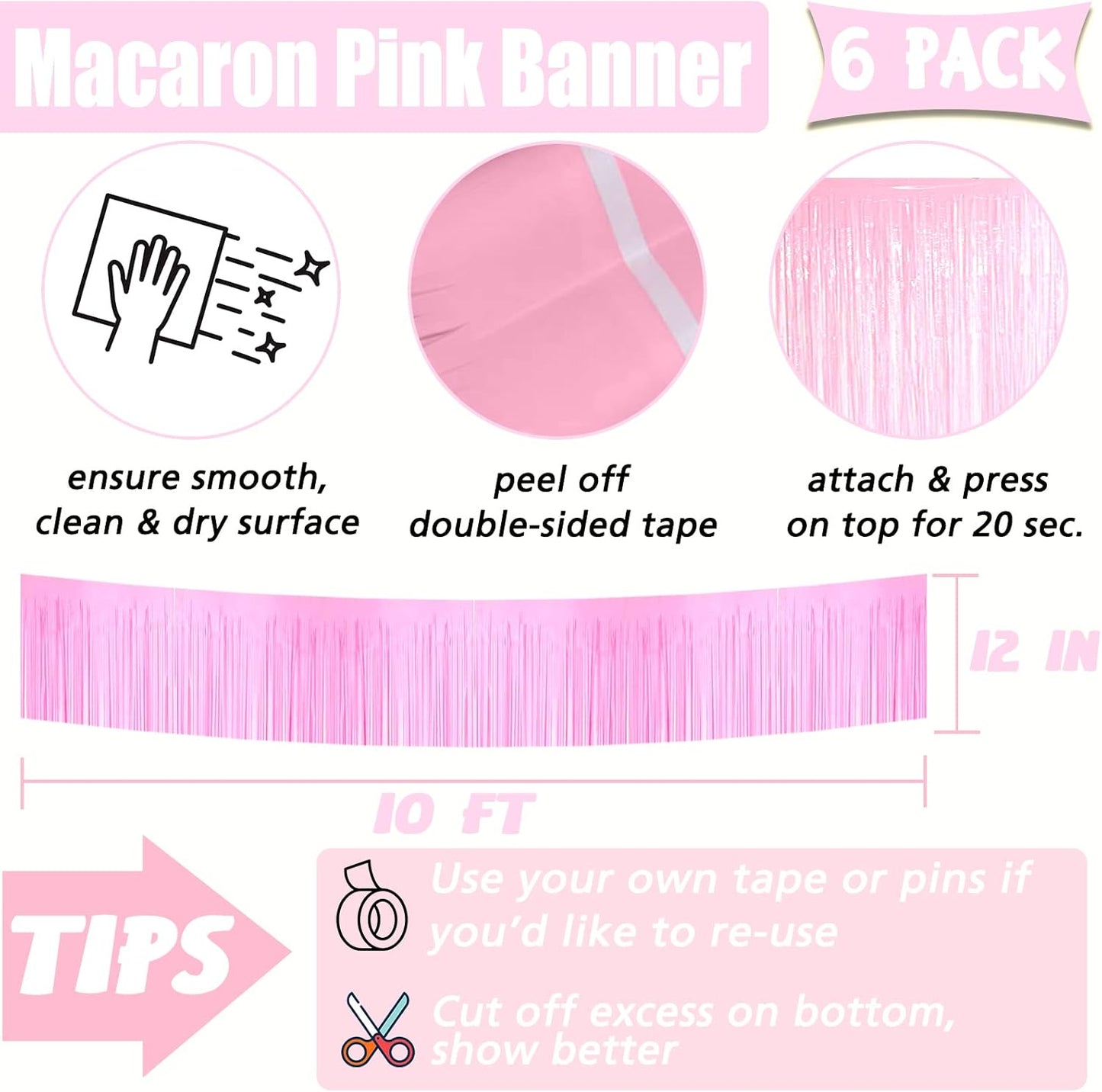 6 Pack 10 Feet Foil Fringe Garland Metallic Tinsel Banner Wall Hanging Curtain Streamers Backdrop for Parade Floats Bachelorette Wedding Birthday Party Thanksgiving Christmas Decorations(Pink)