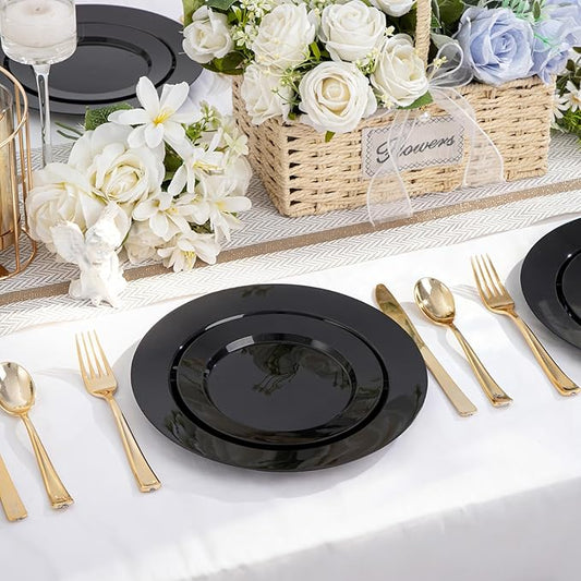 100Pcs Black Plastic Dessert Plates, Disposable Salad Plate, Premium Hard Fancy Small Plates, Heavy Duty Plastic Cakes Plates for Party, Wedding and Birthday