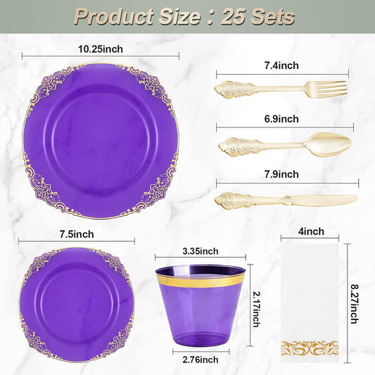 175PCS Clear Purple Plastic Plates for 25 Guests, Disposable Plates with Gold Trim include 25 Dinner Plates, 25 Dessert Plates, 75 Gold Silverware, 25 Cups, 25 Napkins for Party, Wedding