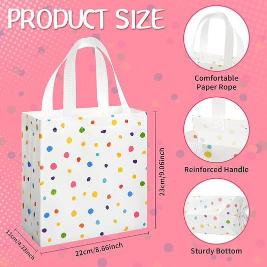 Sweetude 16 Pcs Colorful Dots Gift Bag with Handles Party Favors Non Woven Reusable Tote for Women Wedding Birthday Baby Shower Mothers Day Party Decorations(Colorful, Dots)