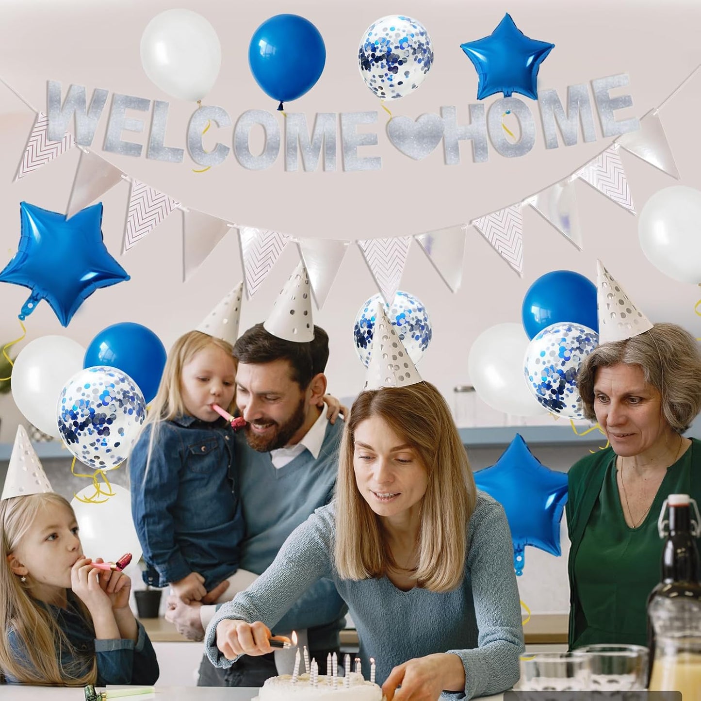 Welcome Home Decorations,Blue Silver Welcome Home Balloons Banners Set,Welcome Home Glitter Banner with Confetti Balloons,Pennant Flag Bunting for Home Family Baby Shower Party Supplies