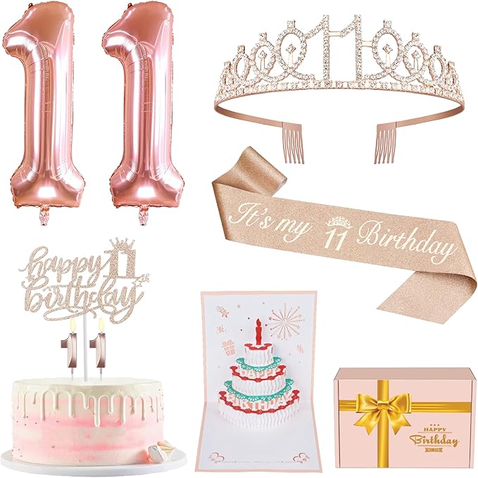 11th Birthday Decorations for Girls, Including 11th Birthday Sash and Tiara, 11 Candles and Cake Toppers, Rose Gold 11 Balloons and 3D Birthday Card, 11th Birthday Gifts for Girls 11 Year Old Birthday Party