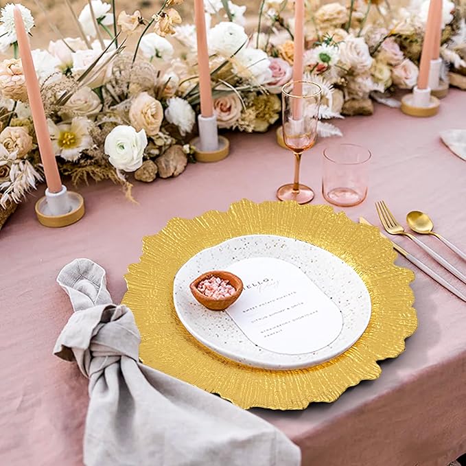 Teruntrue 50 Pcs Gold Charger Plates Bulk 13 Inch Plastic Charger Plates for Dinner Plate, Gold Chargers for Table Setting, Reef Design Plate Floral Decorative Round Chargers for Wedding Party, Event