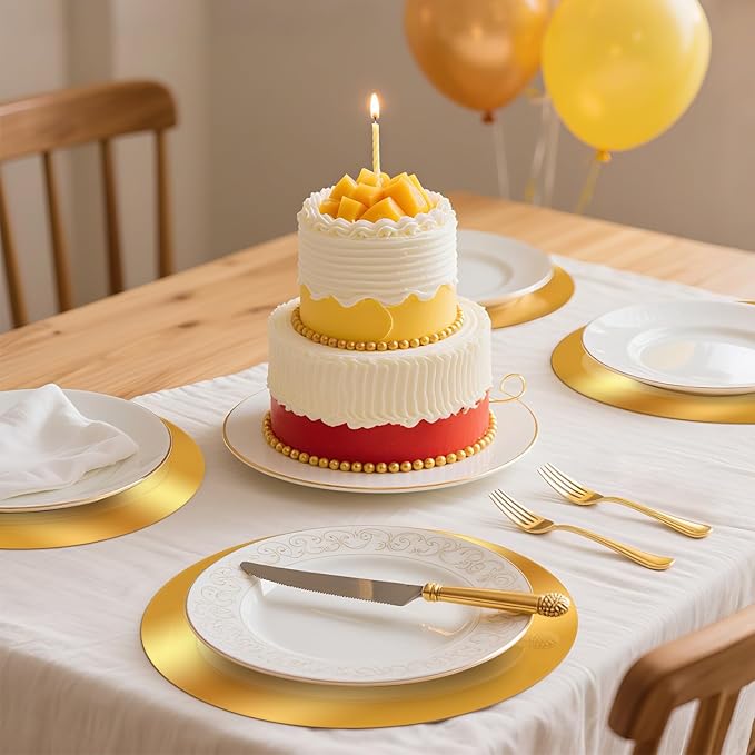 50PCS Gold Paper Placemats for Dinner Plates, 13 Inch Round Disposable Chargers, Shiny Holiday Place Mat for Dining Table Setting Valentine's Day Weddings Birthday Parties Kitchen Banquet Decor
