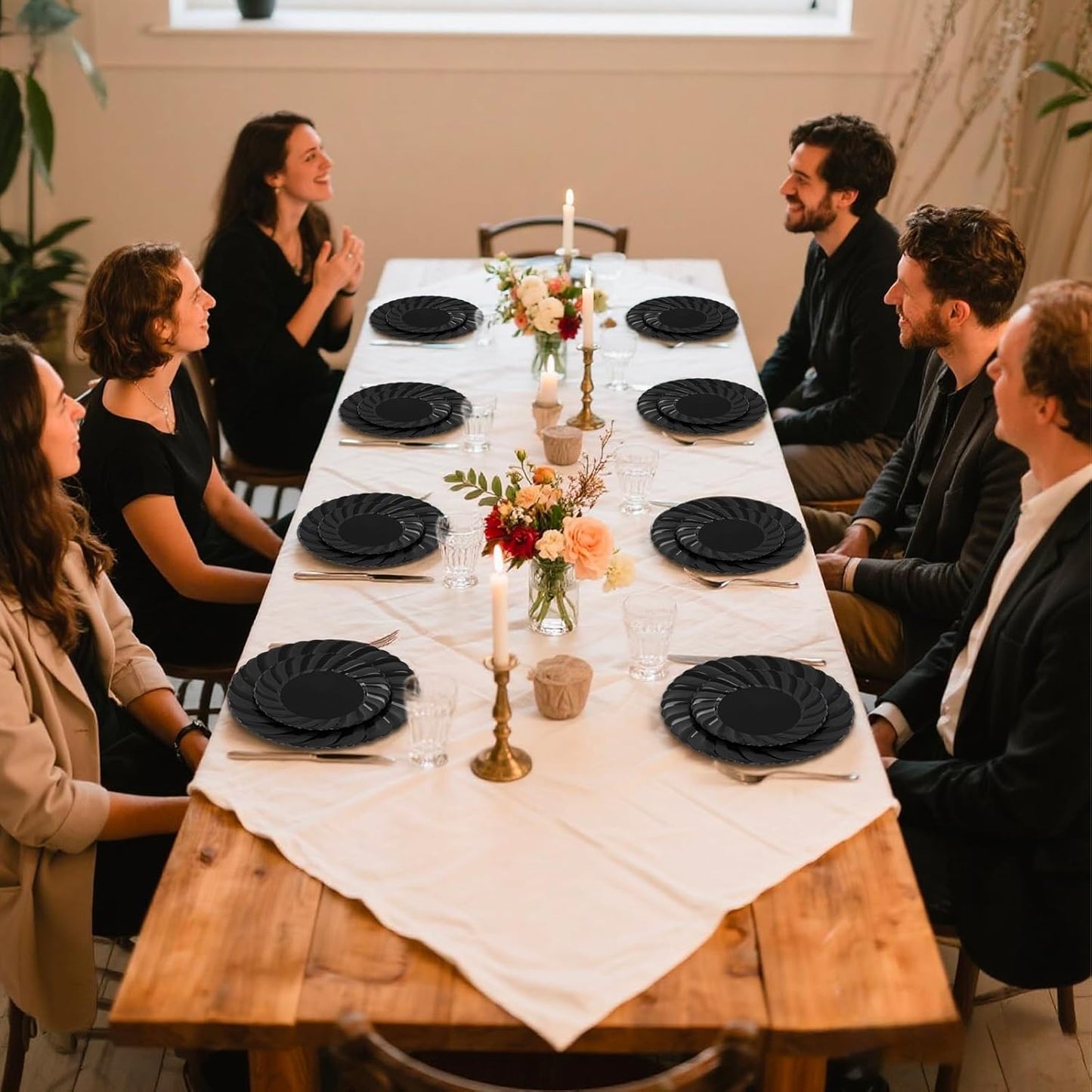 U-QE 60 Pcs Black Plastic Plates for Party – Scalloped Plastic Plates Heavy Duty – Include 30 10.25" Dinner & 30 7.25" Dessert Plate - Perfect for Parties, Weddings & Birthdays