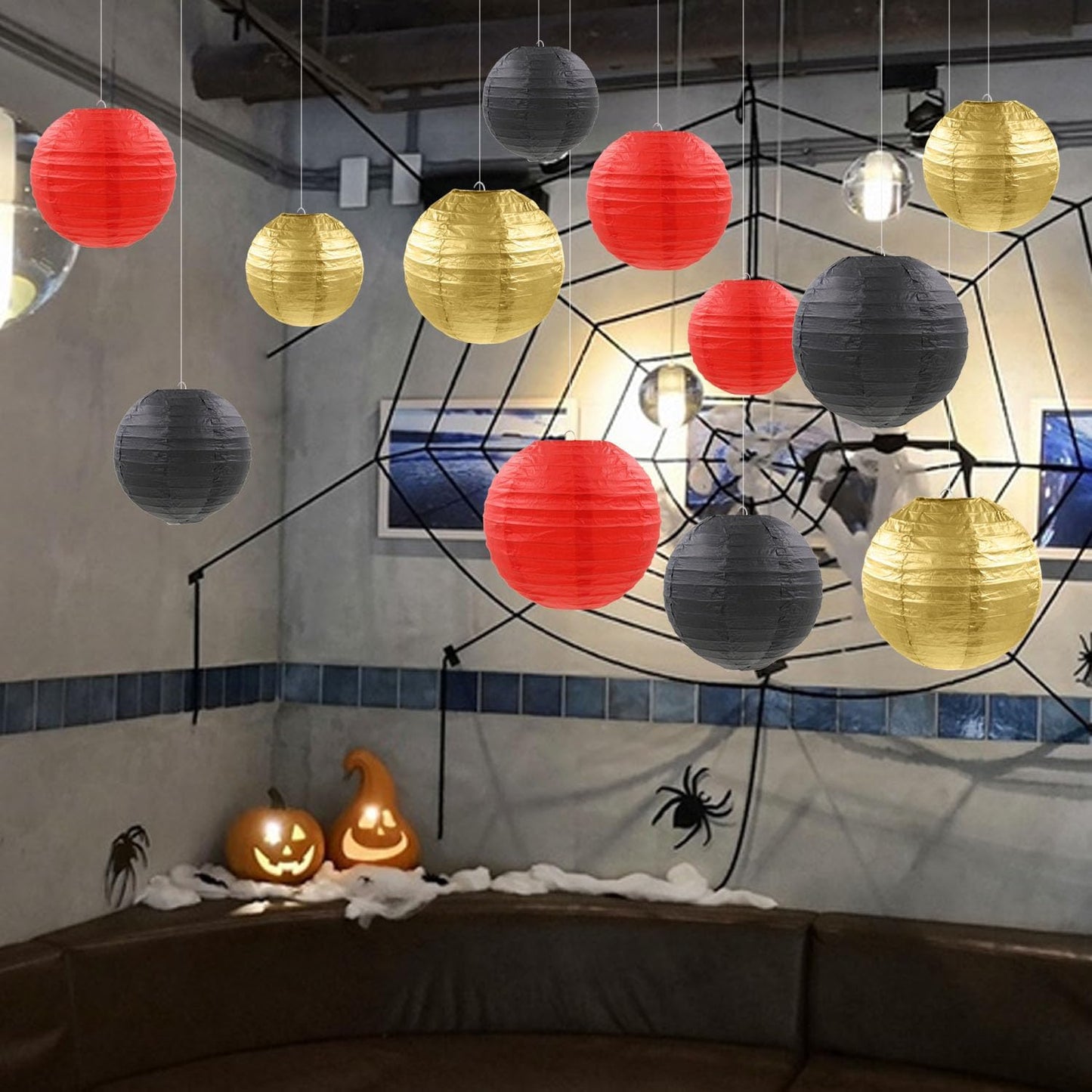 12 Pcs Red Black Gold Paper Lanterns Round Hanging Paper Lanterns for Birthday Wedding Graduation New Year Bachelorette Party Decoration