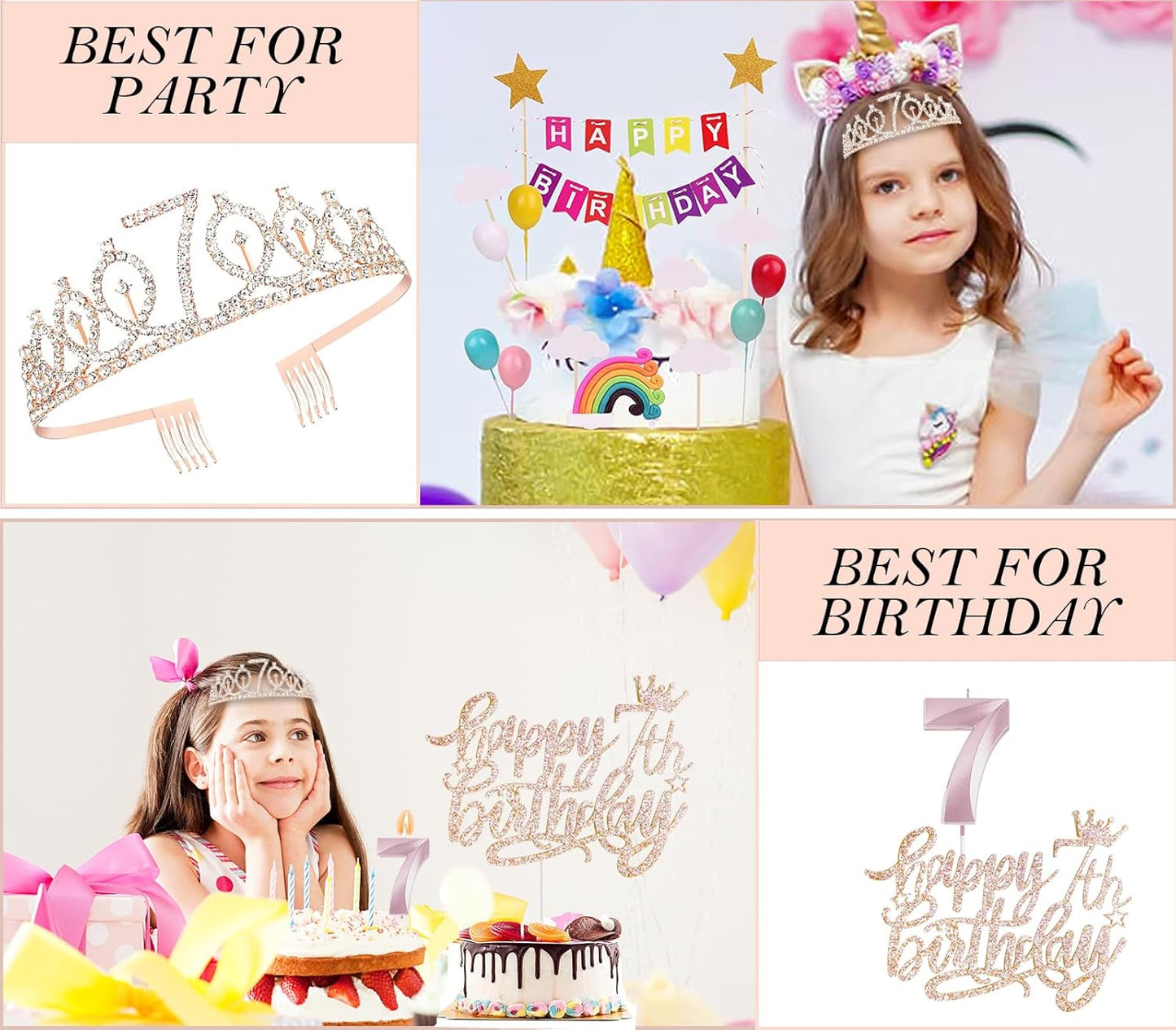 7th Birthday Decorations for Girls, Including 7 year old Birthday Cake Topper, Queen Sash with Pearl Pin, Sweet Rhinestone Tiara Crown, Number Candles and Balloons Set, Rose Gold