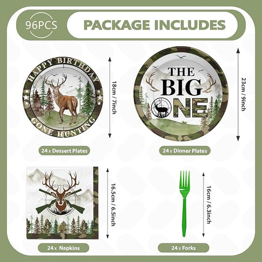 96Pcs Hunting Camo Birthday Party Decorations Hunting Camo Party Plates Disposable The Big One Paper Tableware Set for Gone Hunting Themed 1st Birthday Party Supplies, Serves 24