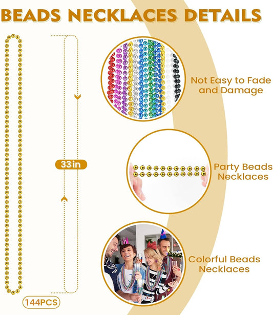 SHAOQINLIN 144 PCS Mardi Gras Beads Necklaces, 33'' Colorful Christmas Necklace Party Beads Round Beaded Necklaces for Mardi Gras, Christmas, Carnival Party Favor in 12 Colors