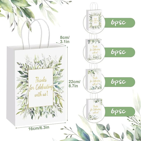 Colarr 24 Pcs Greenery Thank You Gift Bags Bulk 4 Design with Handles Wedding Thank You Baby Shower Favor Paper Bags for Wedding Birthday Favors Graduation Party Gifts 6.3 x 3.1 x 8.7 Inches