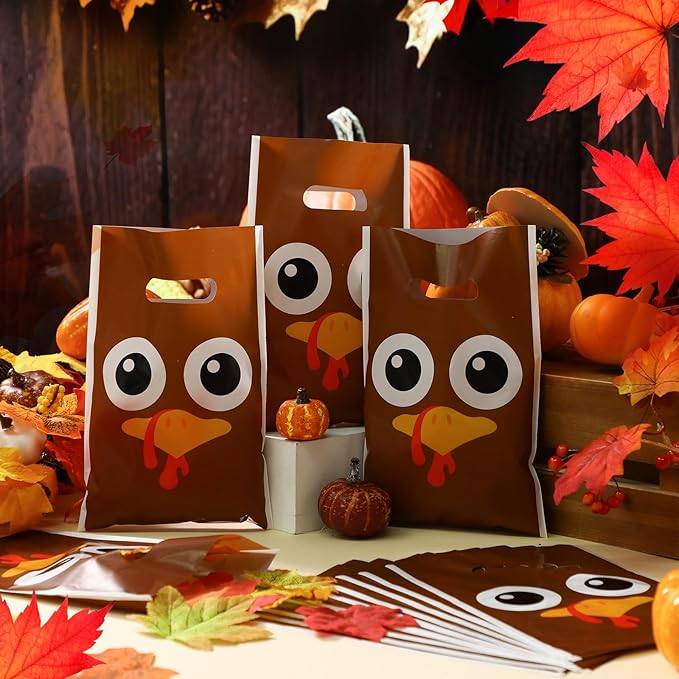 Supervitae 100 Pcs Thanksgiving Turkey Plastic Gift Bags Bulk Fall Party Favor Bags with Handles for Fall Autumn Birthdays Weddings Snacks Goodie Candy Treat Party Favors Supplies