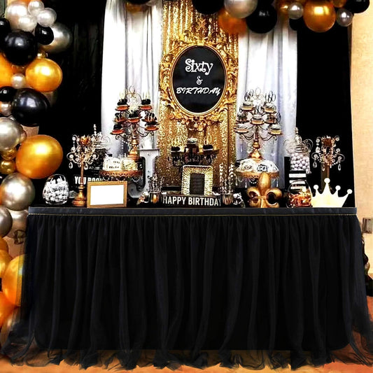 Suppromo 14 Black Tutu Table Skirt for Parties Ruffle Tulle Table Skirt for Black Gold Theme Birthday Party Graduation Wedding Baby Shower Decoraitons