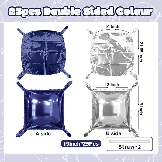 NISOCY 25PCS Blue Silver Square Foil Balloons Wall Backdrop Double Sided Navy Blue Silver Balloons Arch Kit for New Year Birthday Graduation Wedding Baby Bridal Shower Anniversary Party Decorations