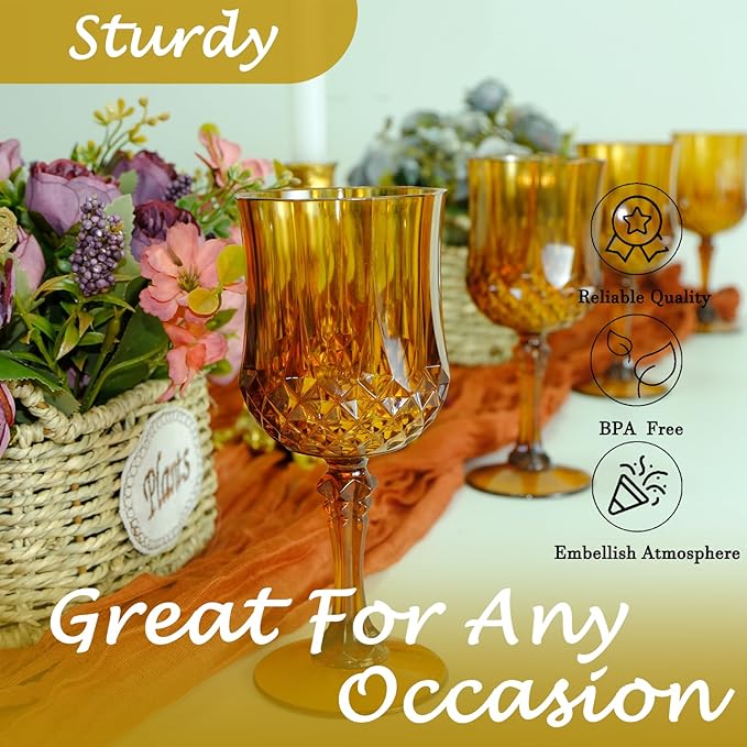Plastic Wine Glasses, Plastic Goblets Vintage Style Cordial Unbreakable Drinking Glasses, Reusable Drinkware for Wedding Reception, Grand Event Party Supplies, Easter (24, Amber)