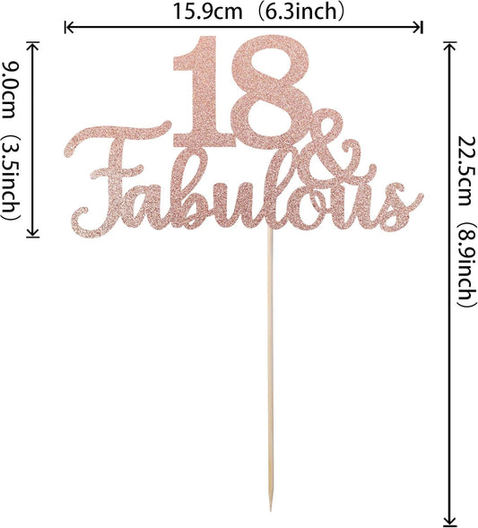1 PCS 18 & Fabulous Cake Topper Glitter Eighteen and Fabulous Cake Toppers Happy 18th Birthday Cake Pick for 18th Wedding Anniversary Birthday Party Cake Decorations Supplies Rose Gold
