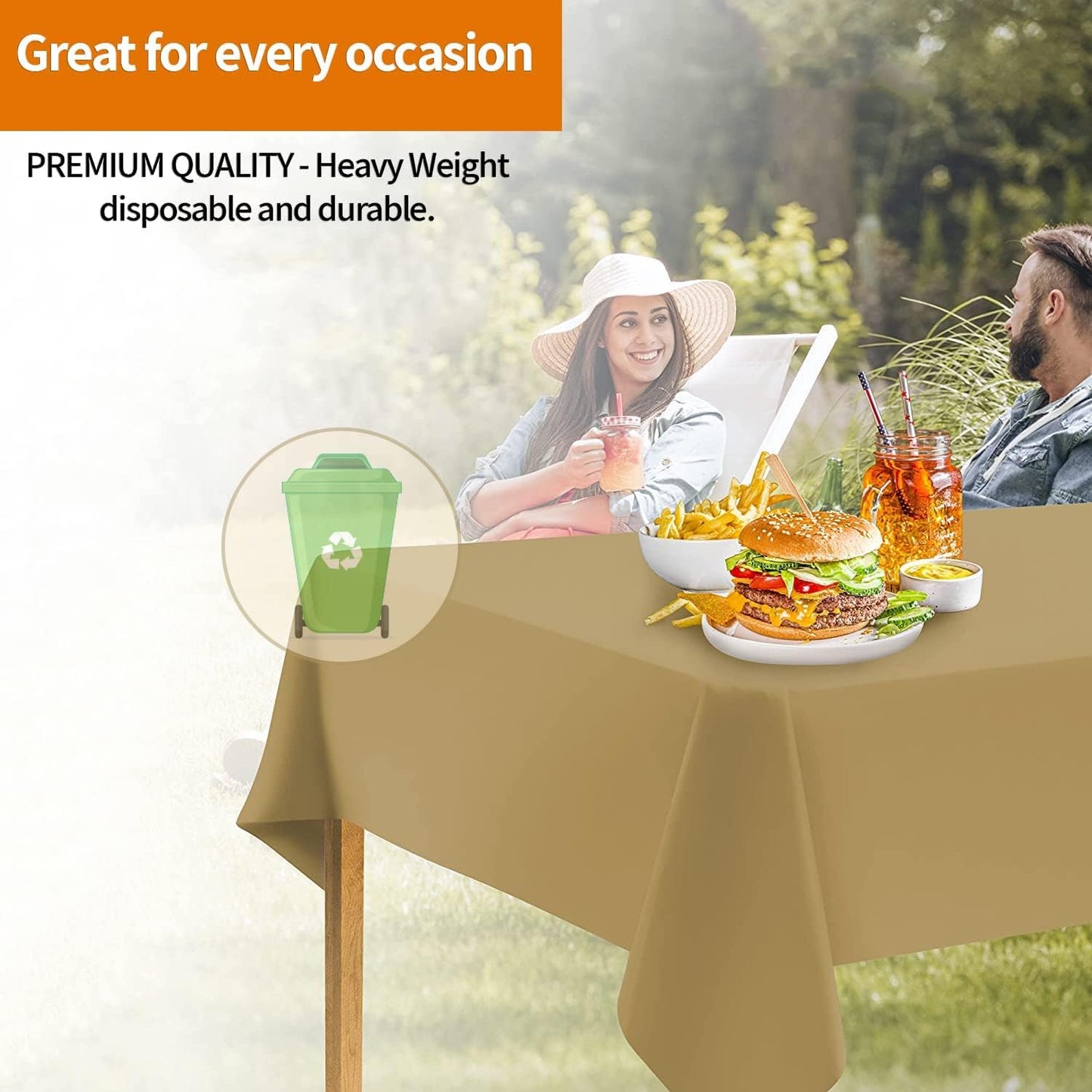 Gold Disposable Plastic Tablecloth for Rectangle Tables (48 Pack) Premium Decorative Table Cloths for Parties, Events & Weddings, Indoors & Outdoors, 54 x 108 inches