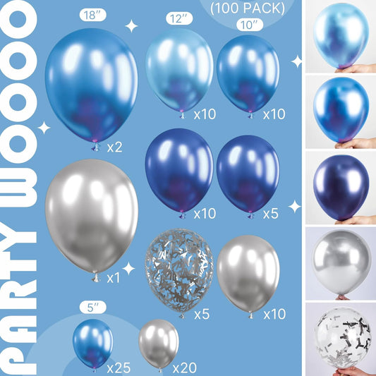PartyWoo Blue and Silver Balloon Garland, 100 pcs Balloons Different Sizes Pack of 18 Inch 12 Inch 10 Inch 5 Inch Navy Blue Silver Metallic Balloons for Birthday Decorations, Party Decorations