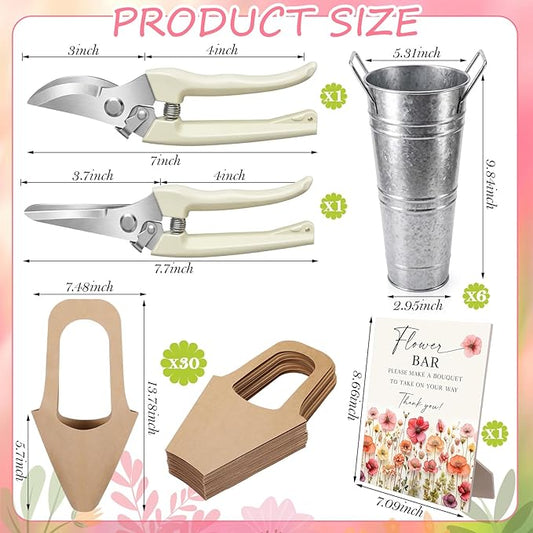 LEIFIDE 39 Pcs Flower Bar Buckets Set Kit Bloom Bar Supplies Include Wood Sign Gift Bags Iron Bucket Garden Flower Shears for Valentine Days Wedding Bridal Shower Table Centerpieces (Silver)