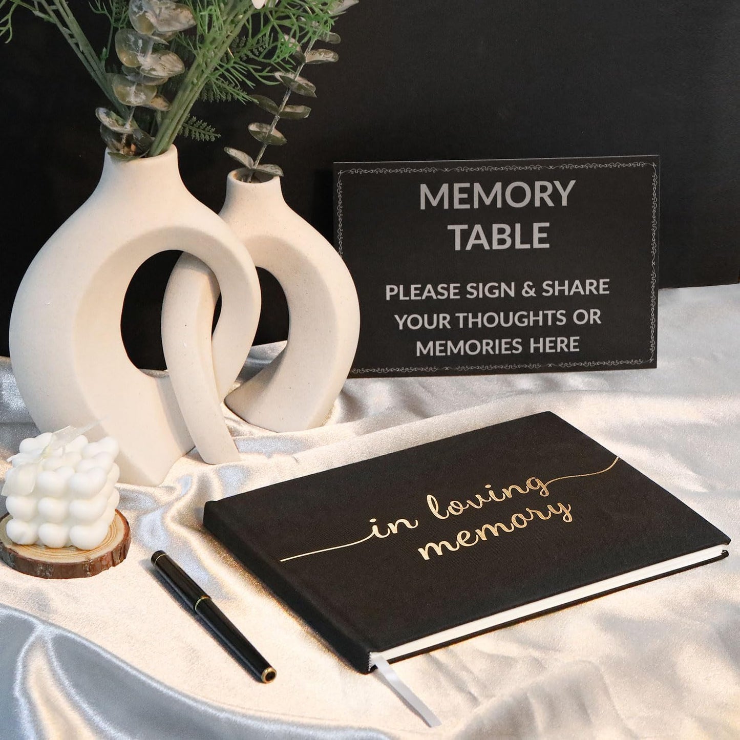 Funeral Guest Book for Memorial Service, in Loving Memory Guest Book with Table Sign, Pen and Box, Guest Sign in Book for Funeral Service, Elegant Black Memorial Books for Celebration of Life