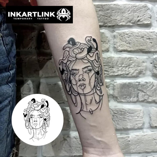 INKARTLINK Temporary Tattoos, 2 Sheets large Semi Permanent Tattoo Adult Art Waterproof Temp Tattoo Party Favors Tattoo Stickers Realistic Look, No Adhesive, Lasts 1-2 Weeks Black (Medusa)