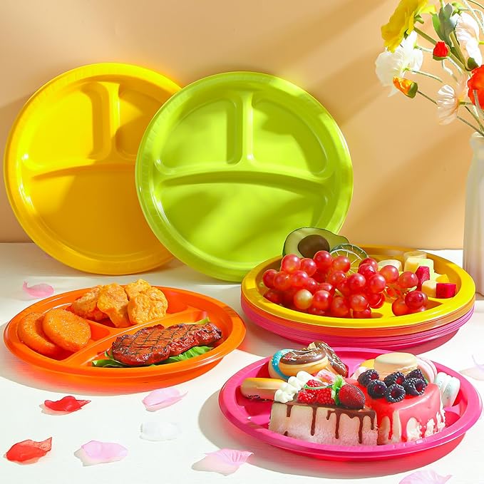 50 Pcs 10 Inch Plastic 3 Compartment Divided Plates Heavy Disposable Round Dinner Plates with Dividers for Wedding Birthday Party Dinnerware (Neon Color)