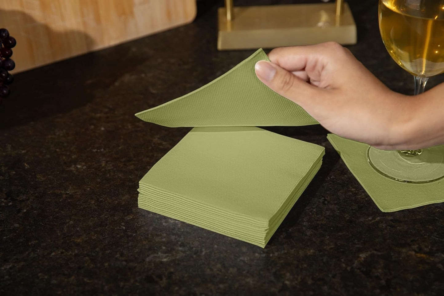 AMERICAN HOMESTEAD Cocktail Napkins - Premium 4.75"x4.75" Disposable Linen-Like Beverage Napkins - Bulk Square Party Bar Serviettes for Weddings, Parties, Events, and Daily Use - 100 Count - Olive