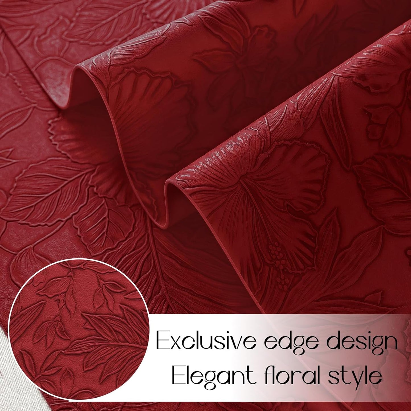 Romanstile Vinyl Placemats Set of 8-12 X 18 Inch - Heat Resistant Non-Slip Embossed Floral Place Mats 100% Waterproof Oilproof Wipeable Faux Leather Table Mats for Kitchen/Dining/Party, Red