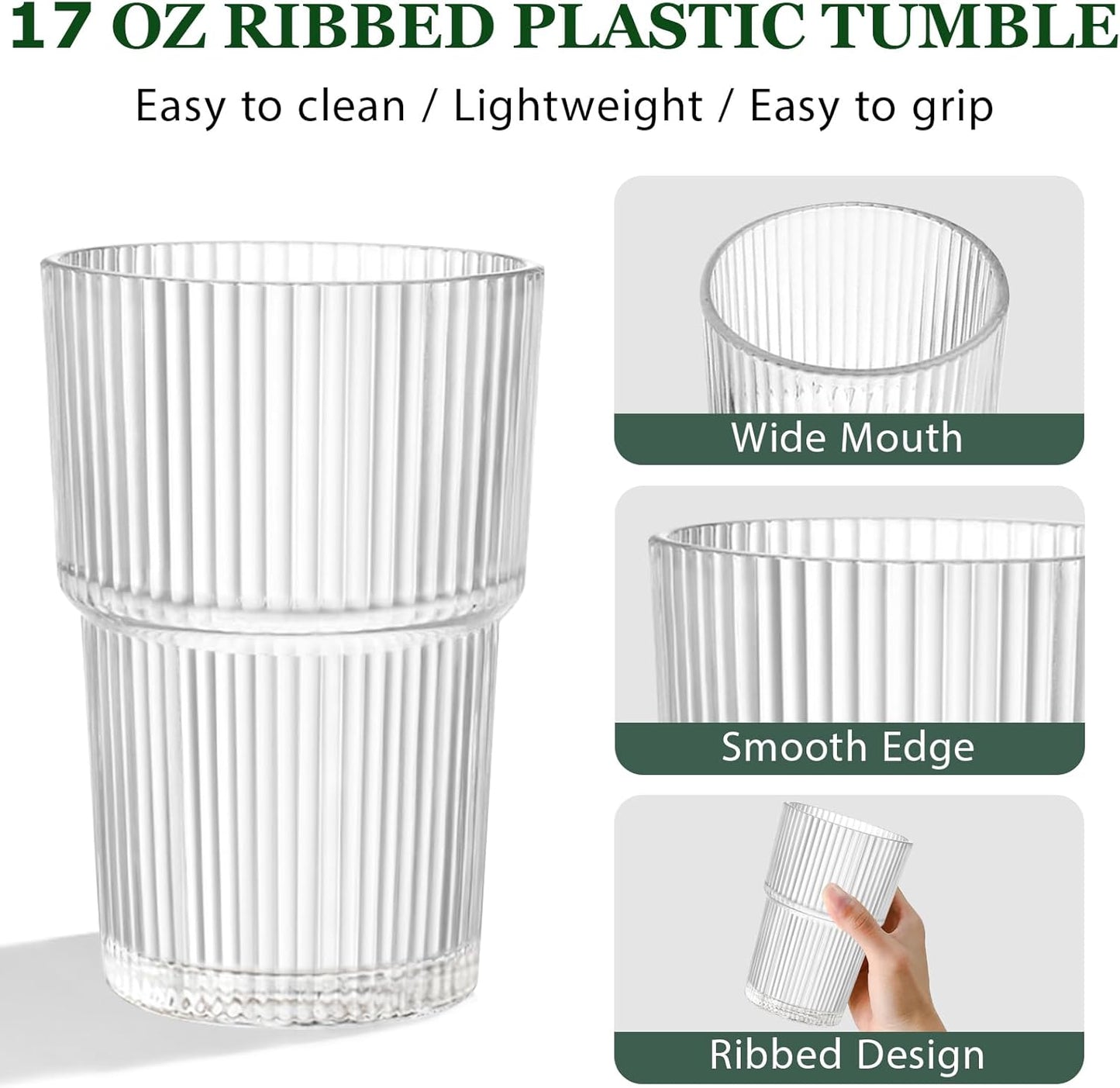 17oz Ribbed Acrylic Drinking Glasses, Unbreakable Plastic Tumblers – Dishwasher Safe, Clear Stackable Cups for Kitchen, Reusable Drinkware – Set of 4